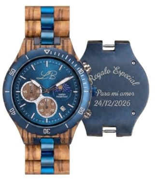 Reloj de Madera para Hombre Personalizado con Grabado Personalizable-Relojes Madera Correa Ajustable Ligero-Regalo Original Aniversario Cumpleaños Boda Detalle Único Artesanal (Azul)