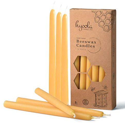 Hyoola 9 Inch Beeswax Taper Candles 12 Pack – Handmade, All Natural, 100% Pure Unscented Bee Wax Candle - Tall, Decorative, Golden Yellow – 5 Hour Burn Time