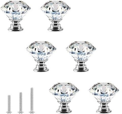 ShipeeKin Kristallglas Schrankknöpfe Kommode Möbelknöpfe Kristall Möbelgriffe Möbelknauf 30mm Diamant-Stil Ziehgriffe für Kommode, Schränke, Küche, Garderobe, Badezimmer usw. (6stk, Transparent)
