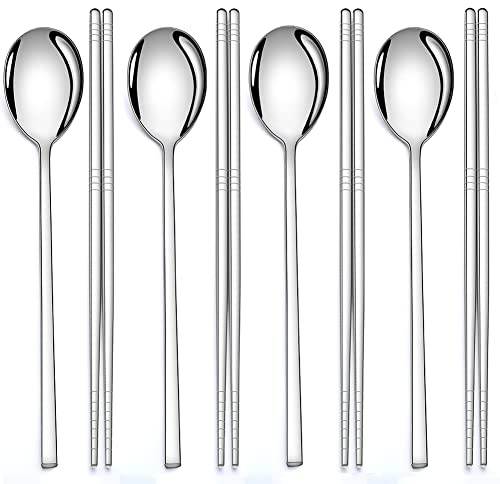 Juego de 4 pares de palillos y 4 cucharas de palillos coreanos de acero inoxidable, cucharas de palillos de cocina, reutilizables, de metal plano, mango largo, para el hogar