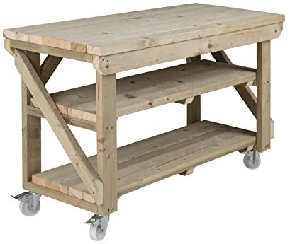 Workbench With Double Shelf And Wheels Indoor/Outdoor - Pressure Treated - Heavy Duty - Handmade Garage Workshop Work Table (5ft)