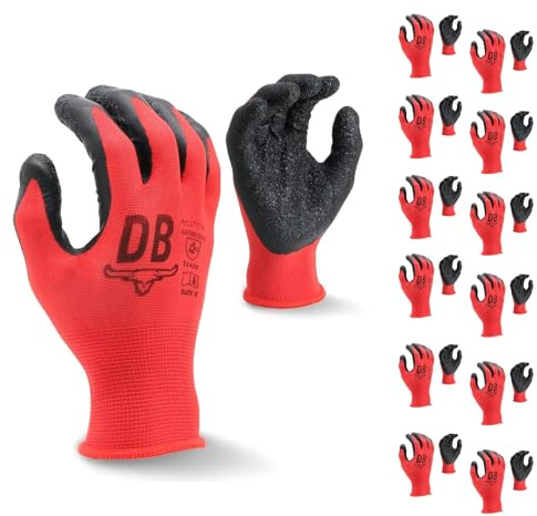Durabull Latex Coated Work Gloves - Heavy Duty Protective Gloves For Builders, Garden & Working. Secure Fit With Anti Slip Grip. (Red, 8 (M))