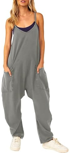 Litthing Salopette Femme Jambe Large Combinaison Pantalon Décontracté Avec Poches Ample Taille Fermeture Éclair Salopette Bretelles Fines Grand Pantalon Avec Grands Poches Baggy Doux Confort Jumpsuit