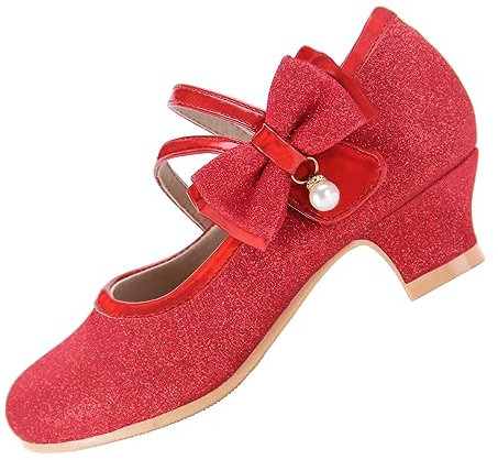 EIGHT KM Girls High Heel Dress Shoes Mary Jane Wedding Party Pump Princess Shoes EKM7035 Sparkle Glitter Pearl Minerva Red UK Big Kid Size 5