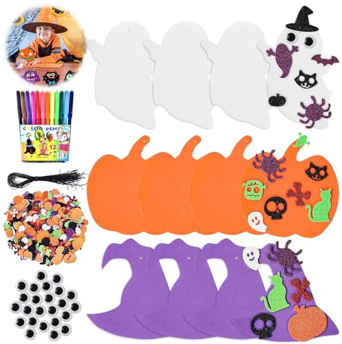 Seasboes Lot de 12 kits de décoration de citrouille d'automne pour enfants, en mousse, avec feuilles d'érable d'automne, stylo aquarelle, autocollants strass pour enfants