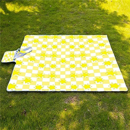 Picknickdecke 200x200cm,XXL Picknickdecke mit Wasserdichter Unterseite,Outdoor Stranddecke Sandfrei,mit Tragegriff Faltbare Picnic Blanket für Camping,Strand,Park,Familie,Konzerte Gelb karierte Sterne