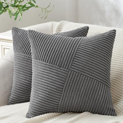 Topfinel Federe Cuscini 45x45 Grigio Scuro in Velluto a Coste Copricuscini con Cerniera Invisibile Motivo A righe per Soggiorno Camera Balcone Esterno 2 Pezzi