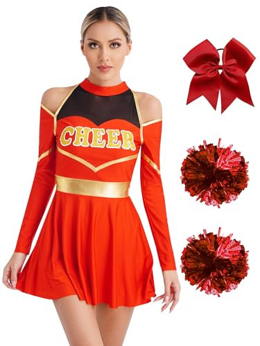 Alvivi Cheer Leader Kostüm Damen Cheerleading Uniform Schulmädchen Kleid mit Pompoms Haarband Halloween Karneval Fasching Kostüm Rot XXL