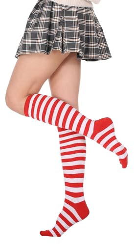 FGFD&OU Chaussettes Hautes Montantes Femme Chaussettes Hautes Rayées Thermique Chaussettes Chaudes Chauffantes Chaussettes de Genoux Longues Chaussettes de Noël Pour Filles (Blanc et rouge)