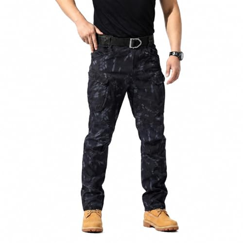 Pantaloni cargo mimetici da uomo, casual, tattici, pantaloni softshell leggeri da lavoro, impermeabili, per campeggio ed escursionismo, con tasche multiple, Nero , XL