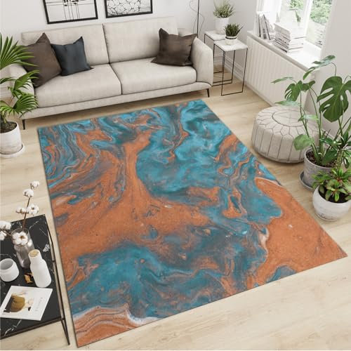 JUFUMUP Türkis Und Orange Farbe Malerei Teppiche Gegend, Ölfarbe Kreativ Kurzflor Teppiche - für Drinnen und Draußen Terrasse Balkon Garten Wohnzimmer 70 x 140 cm