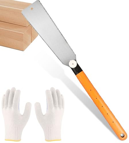 Sierra japonesa de 270 mm con hoja de 0,6 mm, doble borde 7/12 de acero al carbono, sierra de mano extraíble con guantes de trabajo, sierra de espiga, sierra fina, sierra de tracción, para carpintería