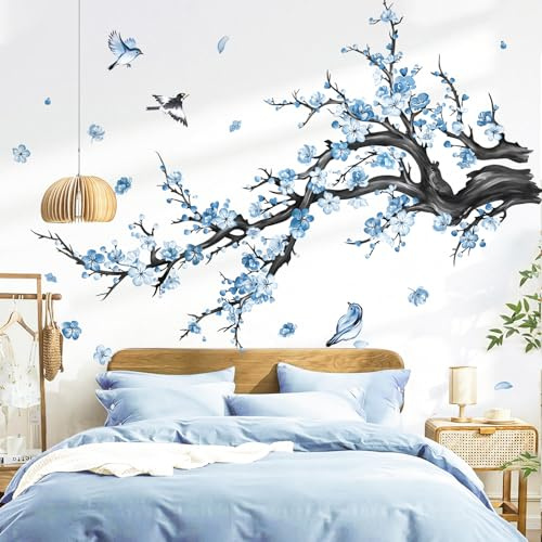 decalmile Adesivi Murali Ramo di Albero Fiori Blu Adesivi da Parete Uccelli