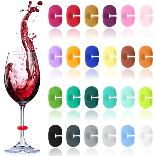 JEYORZY 24 Pcs Marqueurs de Verre, Marqueurs de Verres, Marqueurs de Verre Réutilisables, Marque Verre,Identificateur de Verre à vin en Silicone pour Verre à Champagne, Verre à Cocktail, Verre à Boire