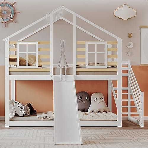 Rtopsu Kinderbett Etagenbett 90x200 cm mit Rutsche und Treppe für 1-2 Kinder, Hochbett Baumhausbett Holzbett mit 2 Fenster, Hausbett Bett mit Rausfallschutz und 1 Lattenrost, Weiß, Ohne Matratze