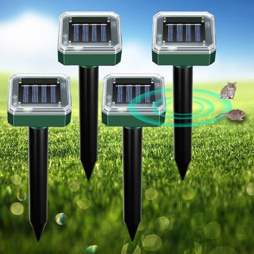 Ultrasonic Animal Repellent Device, Hulaiyaa 4 Packs Solar Moles Mouse Repellent, Solar Powered Waterproof Wild Animal Repeller Garden Yards, Solar Cats Dogs Squirrels Rats Bird Repeller Ultrasonic