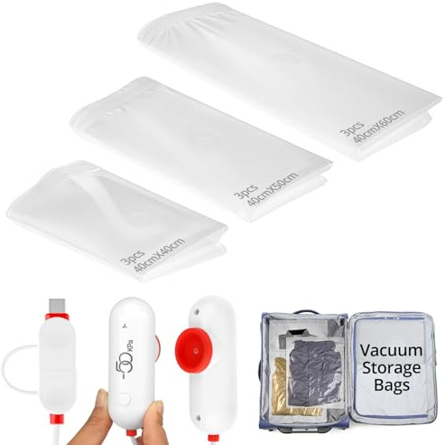 QWORK® 9 Pack Vacuum Seal Bags with Electric Pump, Reusable Travel Vacuum Storage Bags, Space Saving Solution for Clothes & Travel, USB Powered