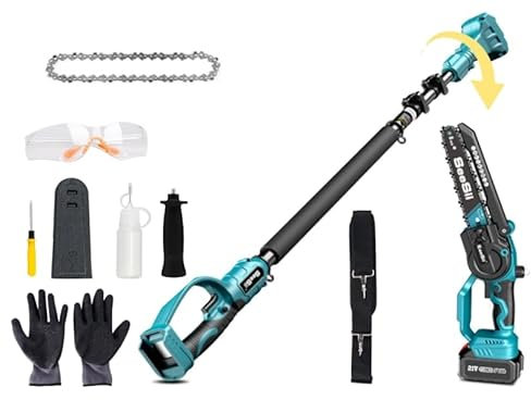 SEESII 2-in-1 Telescopica & Mini Motosega con 2 Batterie da 4000mAh, Motosega Senza Spazzole da 8 Pollici con Asta Telescopica, Estendibile fino a 15 Piedi Ideale per Potatura Alberi