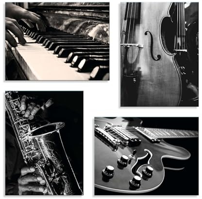 Set 4 Quadri 40x30 cm - Stampa su Tela con Telaio in Legno - Strumenti Musicali - Pianoforte, Violino, Sax, Chitarra in Bianco e Nero - Decorazione da Parete per Soggiorno, Camera da Letto, Ufficio