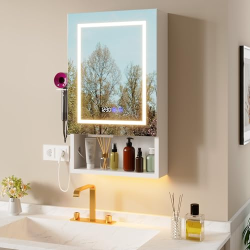 Armario Baño con Espejo LED iluminación y Función de desempañadora Armario Baño Espejo de Pared con reloj y pantalla de temperatura, Enchufe,4 compartimentos y Soporte para secador de Pelo,47x80x16cm
