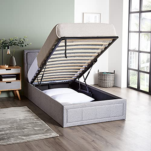 Home Treats Upholstered Bed With Mattress Included | Ottoman Single Bed Frame Set | Grey Fabric Bed Frame (Single, Tufted Bonnel Sprung Mattress)
