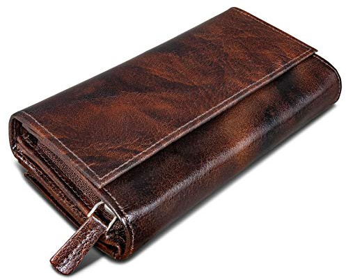 ROYALZ 'Orelia' Cartera de Piel Mujer XXL Bolsillo Grande con Muchos Compartimentos Billetera Bloqueador RFID Monedero Formato apaisado, Color:Azorra Marrón