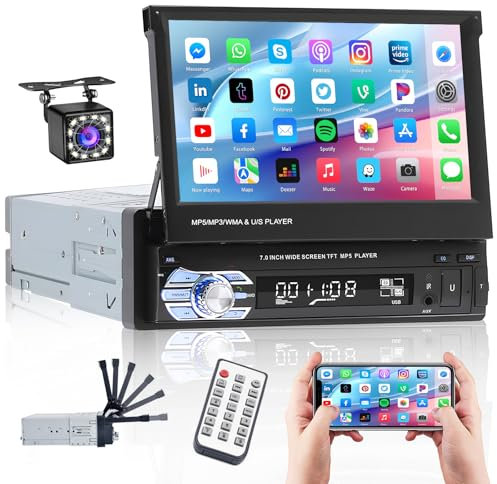 Hikity Radio Coche 1 DIN con Pantalla 7 Pulgadas Retráctil Radio de Coche Bluetooth Manos Libres con USB FM Mirror Link AUX Cámara de Visión Trasera
