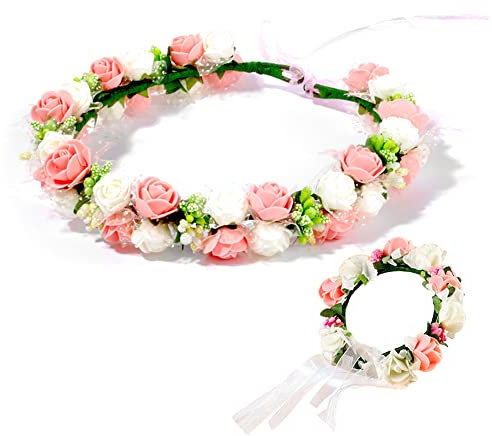 Niaciswe Couronne de Fleurs et Bracelet Wedding Floral Guirlande Couronne Fleurs Cheveux Bandeaux Couronne Florale Artificielle Diademe Mariage Réglable pour Mariage Fête Plage, Rose
