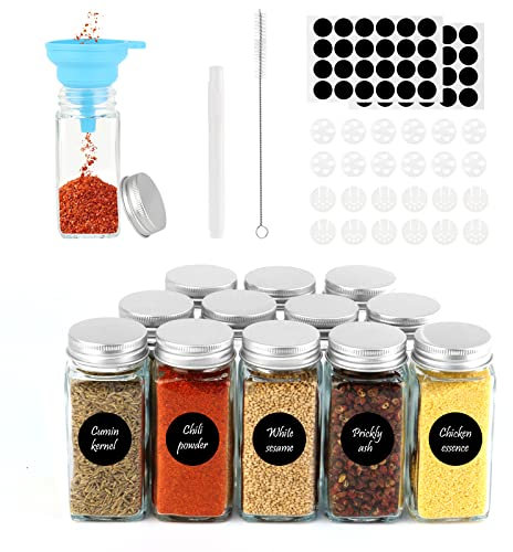 MXTIMWAN Gewürzgläser 12er Set, 120ml Gewürzgläser mit Streueinsatz,Spice Jars Gewurzglaeser Eckig, Gewürzdosen Glas mit Silikon Trichter,Runden Leeren Aufklebern,Sieben,Reinigungsbürste, Stift