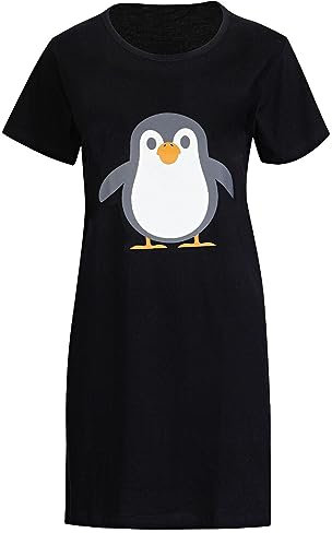 N R TEXTILES Women's Nightdress Short Sleeve Sleep Shirt Long Round Neck Sleep Sleepwear Shirt (penguin SS, M/12-14)