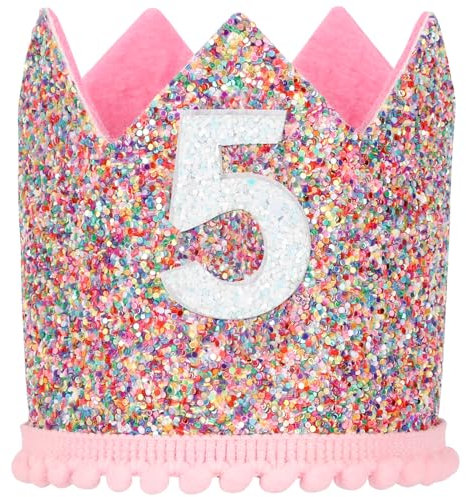 Geburtstagskrone Baby Regenbogen Geburtstag Party Prinzessin Krone Einstellbare Haarband Hut Baby Krone für Kinder Mädchen Partyhüte Deko Geburtstagshut Kindergeburtstag (5 Jahr)