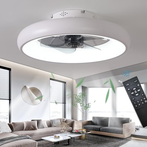 Quiet 48CM Ceiling Fans with Lamp Remote Control, Modern Lighting Fan Ceiling Light LED 36W Dimmable Ceiling Fan Lights for Bedroom Living Room, Fan Reversible and 6 Speeds, White