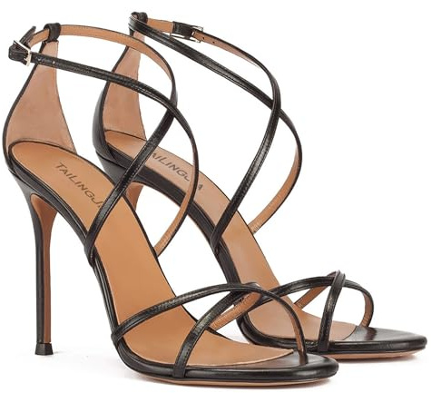 Sandales à Talons Hauts à lanières pour Femmes, Sandales à Talons Aiguilles à Bout Ouvert, Classiques, Bout Rond, Bretelles croisées, Sandales Sexy à Talons Aiguilles,Noir,38 EU