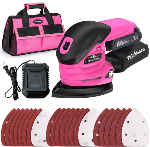 THINKLEARN Cordless Detail Sander - 20V Electric Hand Sander with 22Pcs Sandpapers, 12000 RPM Mouse Sanders with Dust Bag, Compact Palm Sanding Tool for Woodworking, 2.0Ah Battery and Charger Included