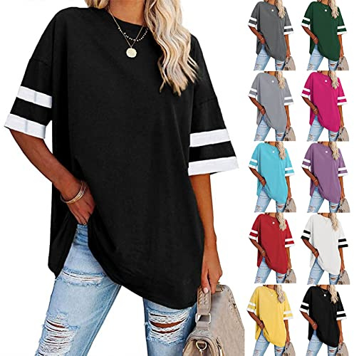 T-Shirt à Manches Courtes pour Femme Coton Col Rond Top d'été Oversize Basique Coupe Ample Haut Décontracté Manches Amples Casual Sport T Shirt Long Femme Tunique Femme Chemises Tee Shirt Pas Cher