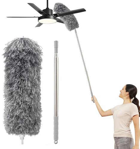 Plumero telescópico Lavable, Largo Extensible 2,5 m, Plumero atrapapolvo, para techos telarañas techos Altos Ventilador de Techo