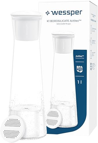 Wessper glazen waterfilterkan, 1 liter, kan met Actitex Disc filterpatroon, karaf met deksel voor water en koude dranken, BPA-vrij - Blanco