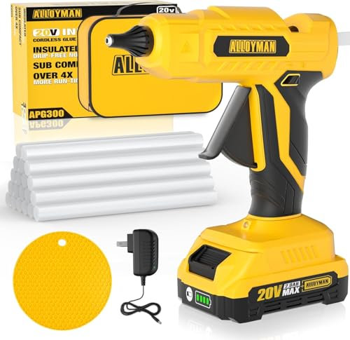 Alloyman Pistolet à colle sans fil 20 V max, sans goutte et à chauffage rapide, avec lumière LED et 20 grandes tiges, idéal pour travaux manuels et cadeaux DIY