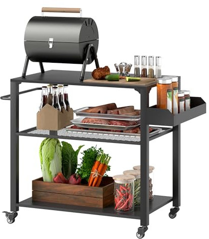 Outsunny Carrito de Parrilla de 3 Niveles Carrito de Barbacoa Carrito de Servicio con 4 Ruedas Estantes y Asa Mesa de Horno de Pizza para Jardín Patio Negro