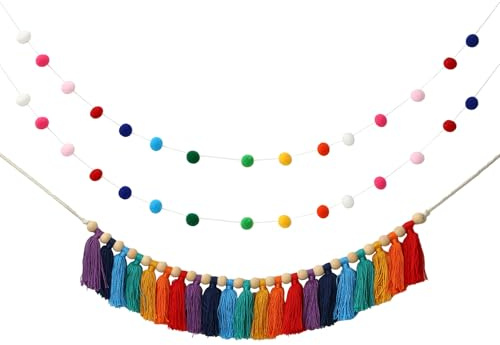 Pom Pom Garland - DIY Rainbow Pom Pom and Tassel Garland Set, Boho Tassel Garlands For Decoration, Preppy Classroom Decorations, Rainbow Tassle Garlands, Home Decoration Wedding Birthday Baby Shower