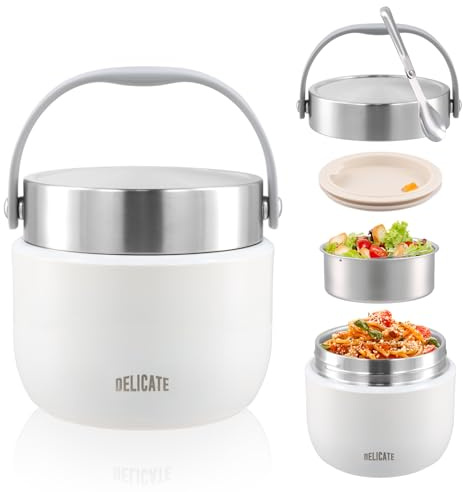 volumoon Contenitore Termico per Alimenti 1200ml, Portapranzo in Acciaio Inox, con Coperchio e Cucchiaio Pieghevole, Contenitori Caldi Isolato per Zuppa, Scuola, Ufficio, Viaggi, Antigoccia (Bianco)