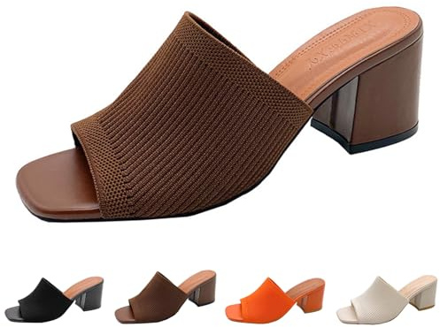 OXNEUHG Women's Knit Peep Toe Chunky Heeled Sandals Fashion Square Open Toe Slip On Block Heel Mules Summer Casual Breathable Slides Sandal (Brown,6)