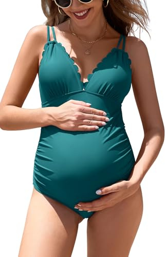 SHEKINI Mujeres Concha Trim V-cuello Maternidad Traje De Baño De Una Pieza Bowknot Back Embarazo Traje De Baño