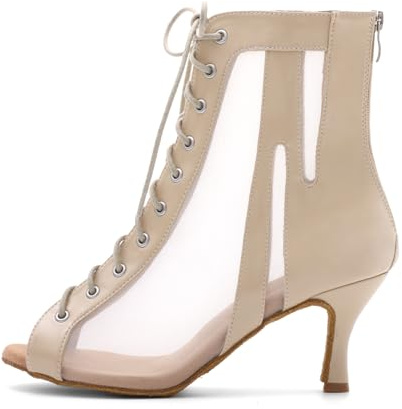 Syrads Botas de Baile Latino para Mujer,Botines Punta Abierta,Tacones Altos Salsa Tango Zapatos,Color de Piel 7.5cm Heel,37 EU