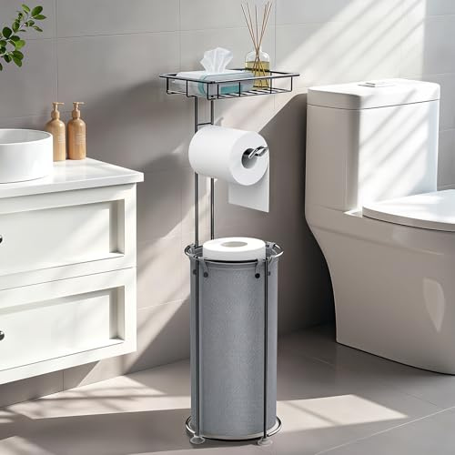 Lewondr Porte-Papier Toilette Indépendant, Porte-Rouleau de Papier Toilette sur Pied avec Étagère de Rangement, Support Papier Toilette Debout avec Sac de Rangement pour 3 Rouleaux de Papier, Gris