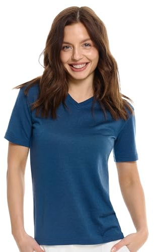 Merino.tech Camiseta Termica Lana Merino Mujer - Ropa Interior Base Layer 100% Lana Merino para Mujer (Large, Denim V-Neck)
