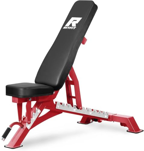 RitFit Multifunktions-Hantelbank Verstellbar, Klappbar, Mit Gewichten - 590kg Tragkraft - Schrägbank, Trainingsbank, Bench, Bankdrücken-Bank für Home Gym, Krafttraining & Muskelaufbau Zuhause, Rot