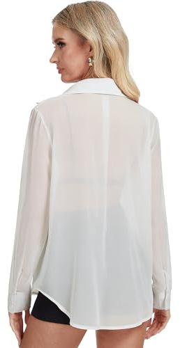 ANTLOOWW Chemisier pour Femme Chemise boutonnée élégante Chemisier Sexy Transparent à Manches Longues pour Femme Tailles S-XXL (FR/ES, Alpha/Lettres, L, Taille Normale, Taille Normale, Beige)