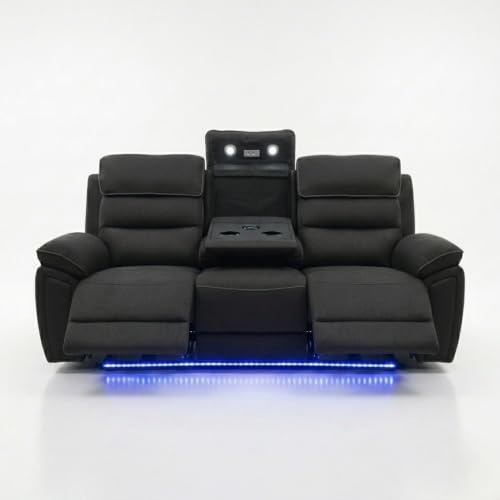 Milan Electric Recliner Sofa Set with LED Lighting, Platinum Grey OTE Fabric, 3+2 Seater with USB and Type-C Charging Ports, Wireless Charging & Cup Holders (3 Seater)