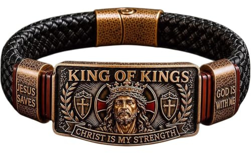 King of Kings Faith Bracelet, Adjustable Christian Wristband PU Leather